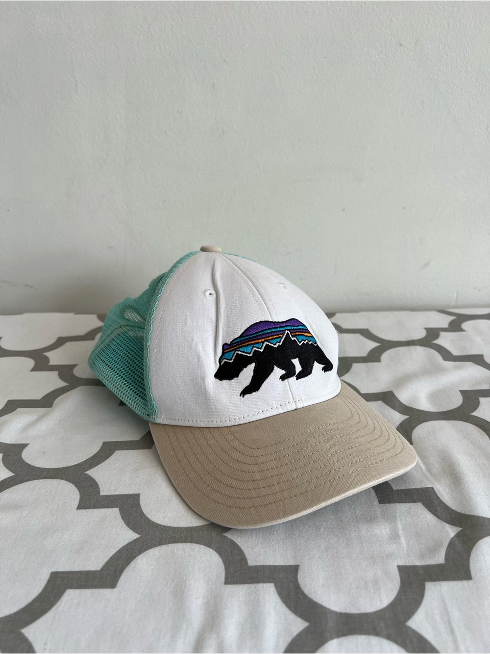 Patagonia Kids Trucker Hat - White, Mint, Tan with Bear Patch